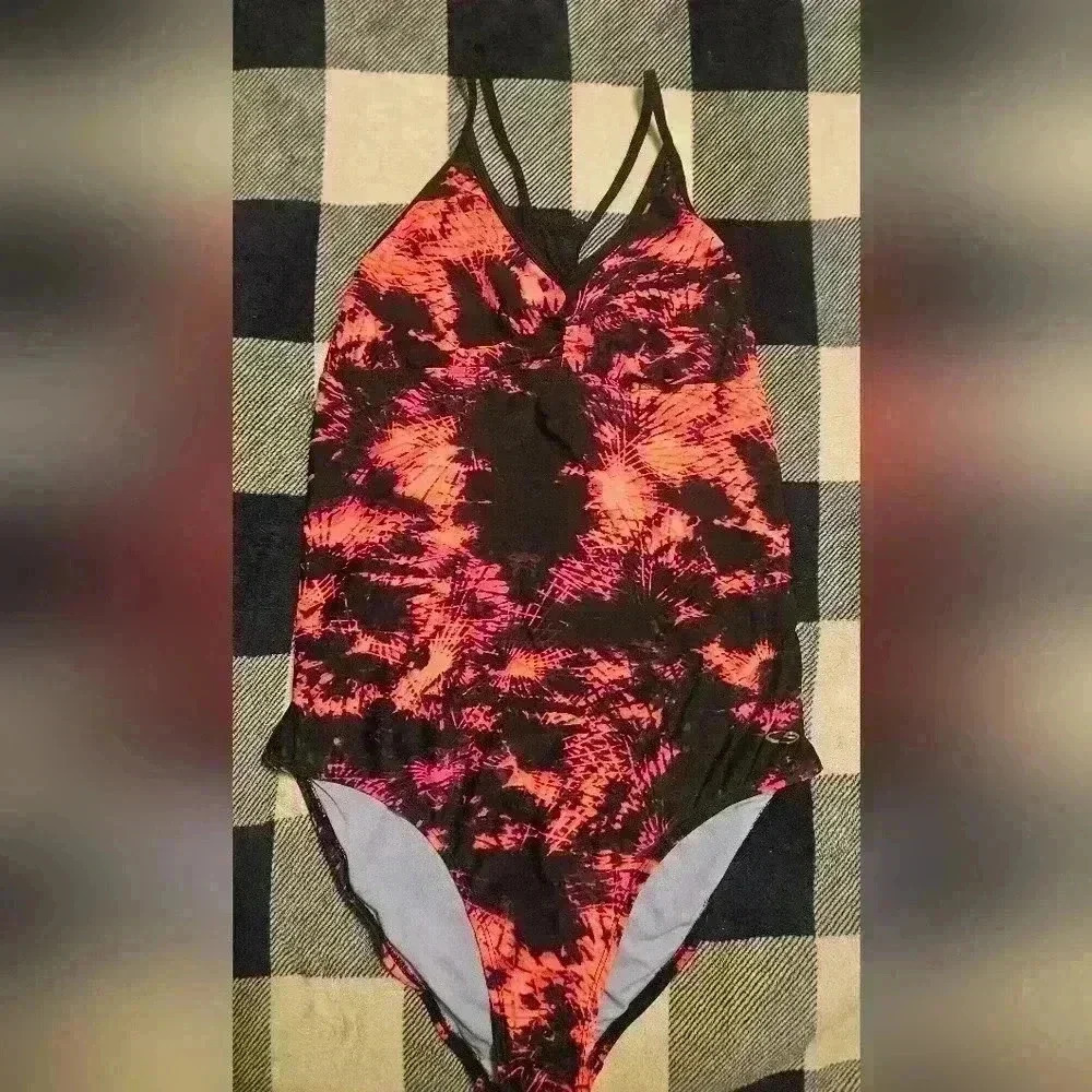 Champion Womens Pink and Black Tie Dyed One Piece Racerback Swimsuit Size Large
